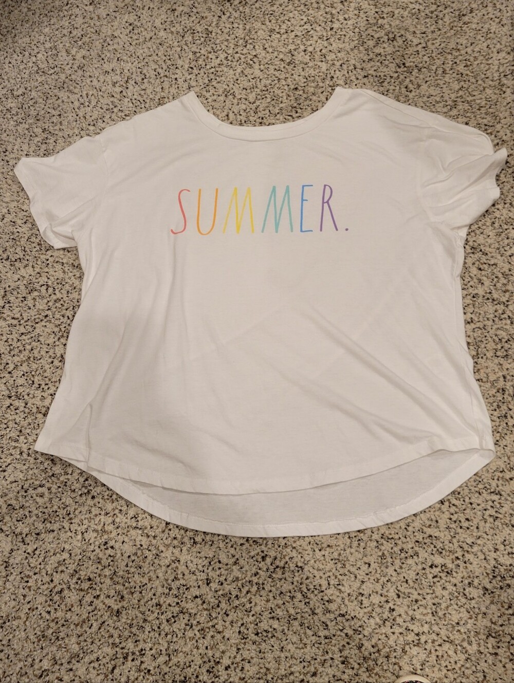 Rae Dunn SUMMER White Tee with Pastel Rainbow Letters